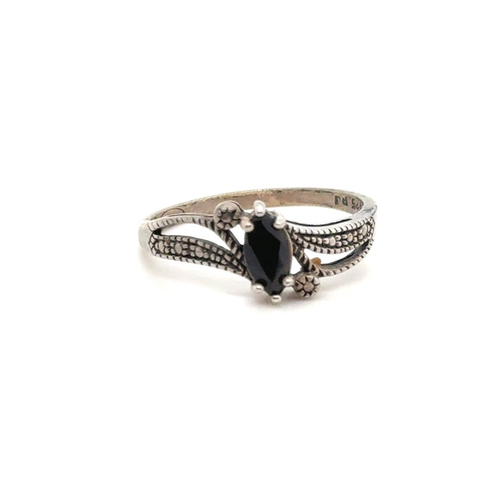 Vintage Sterling Silver Black Onyx Marcasite Marquise Ring Size 10 925 RJ